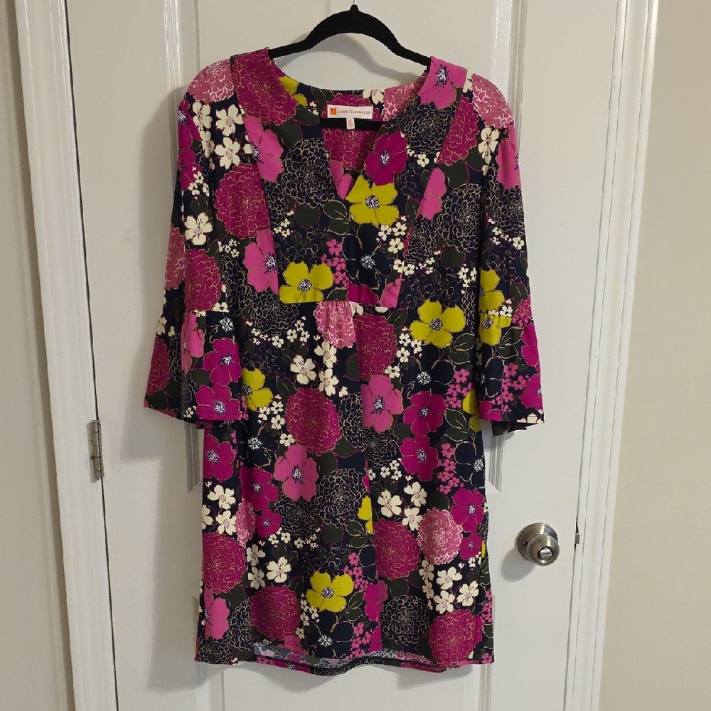Jude Connally Kerry Floral Dress Bell Sleeves Fuchsia Black Pockets Size L Large